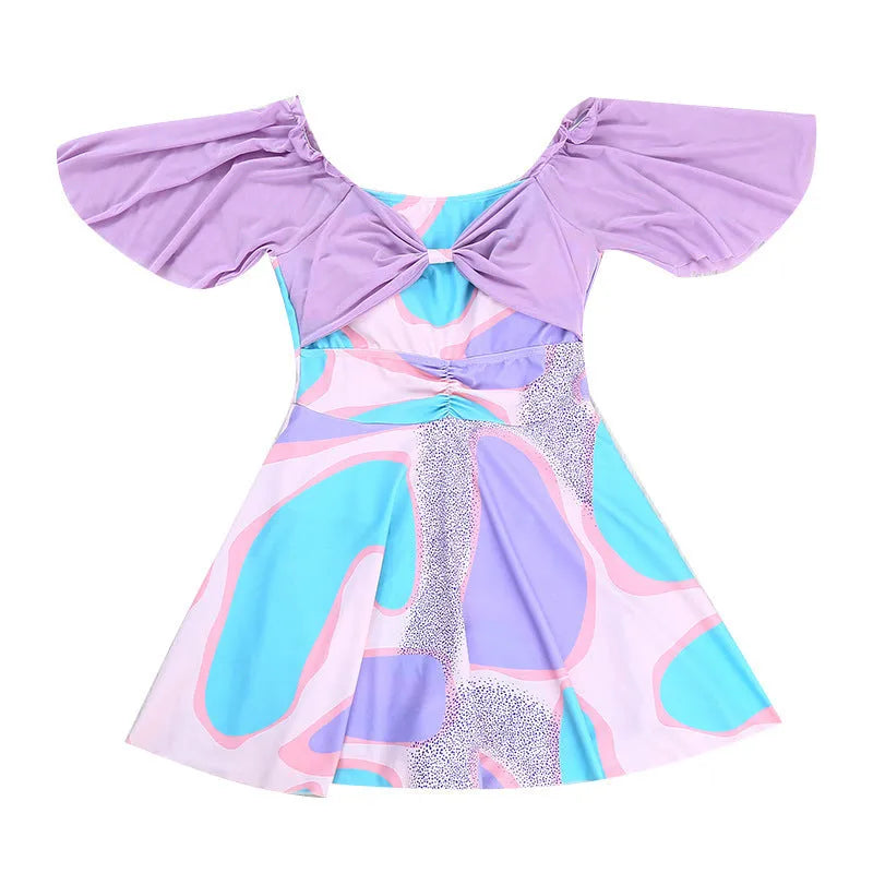Women's one-piece high waist floral swimsuit in light purple with bowknot detail, polyester fabric
