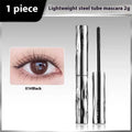 Waterproof black and brown mascara in a steel tube, shown with an optional eyelash curler.