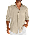 Men's casual long sleeve shirt with polo collar and chest pocket in a solid colour.