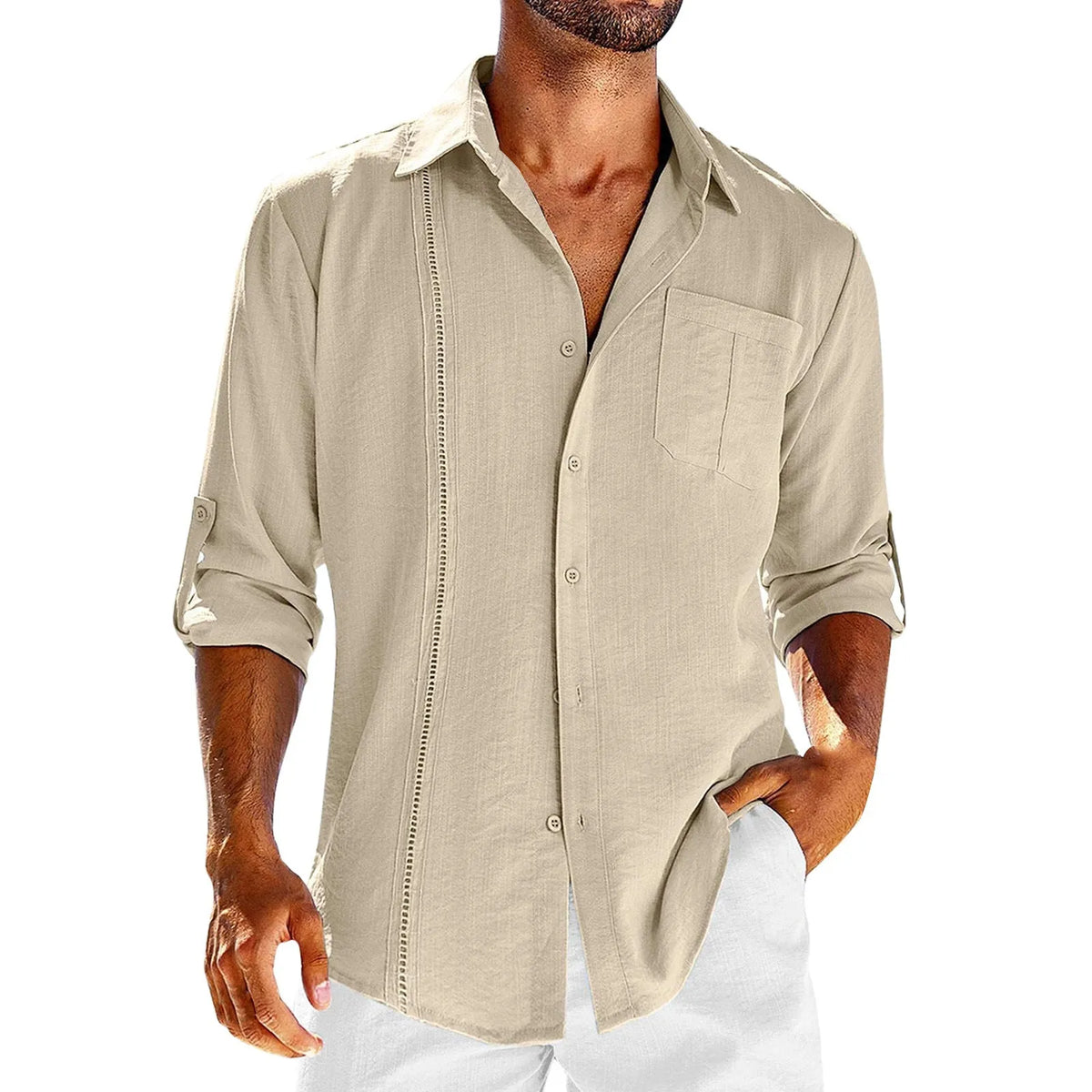 Men's casual long sleeve shirt with polo collar and chest pocket in a solid colour.