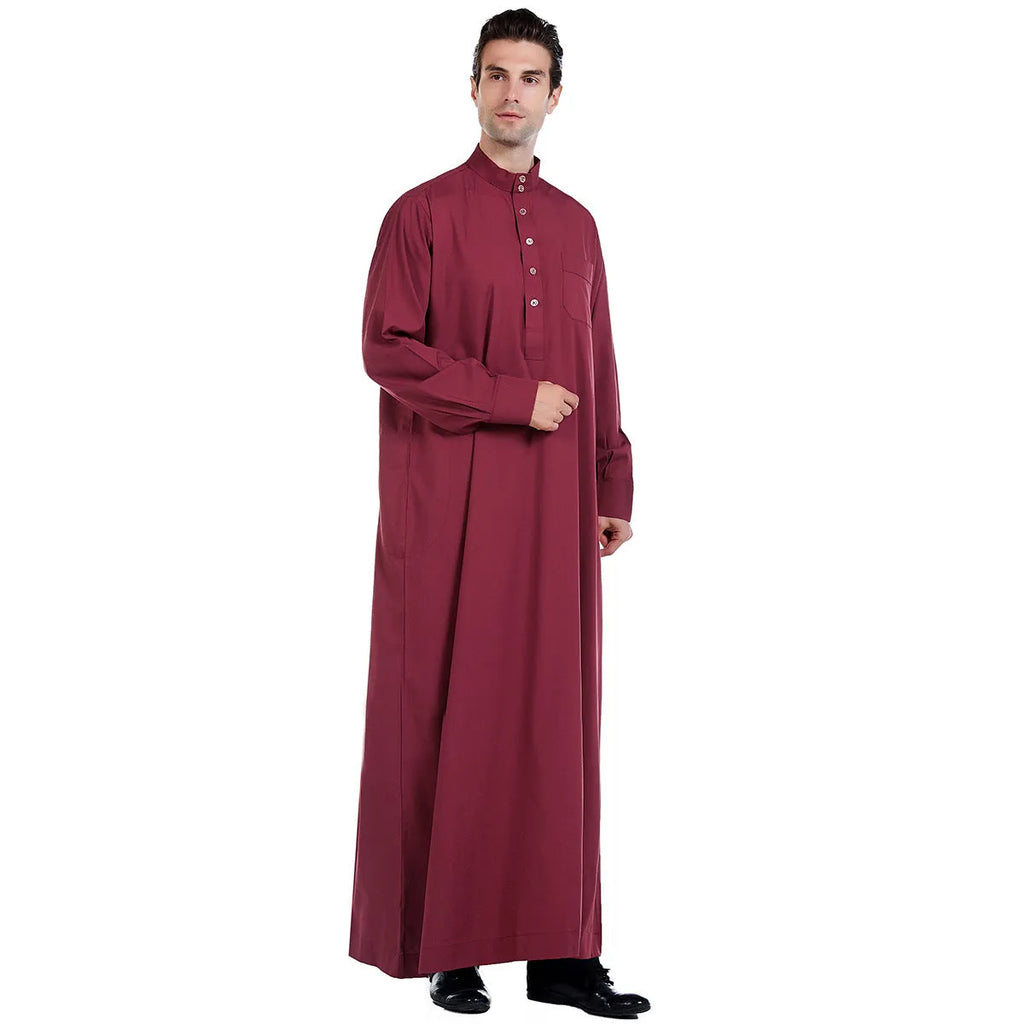 Traditional Arab Middle Eastern men's robe in white polyester, woven fabric, with full-length design