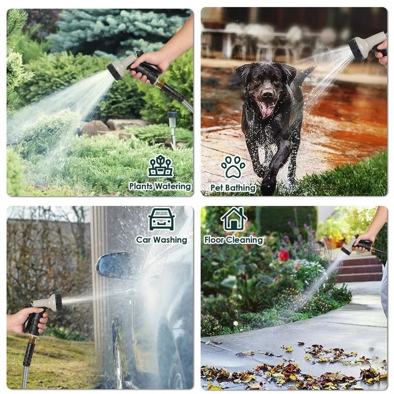 100ft stainless steel metal garden hose with 10-pattern adjustable spray nozzle and 2 nozzles