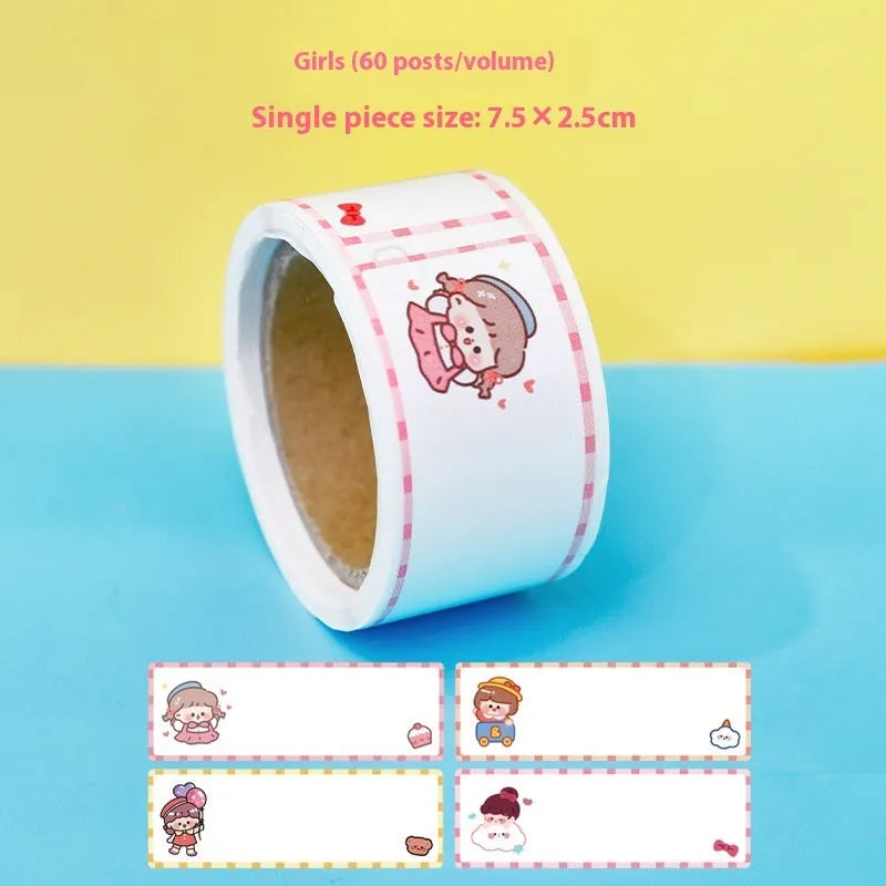 Roll of student name tape stickers with cartoon designs for school organisation