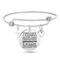Silver stainless steel bangle bracelet with cross pendant and Christian Bible scripture design