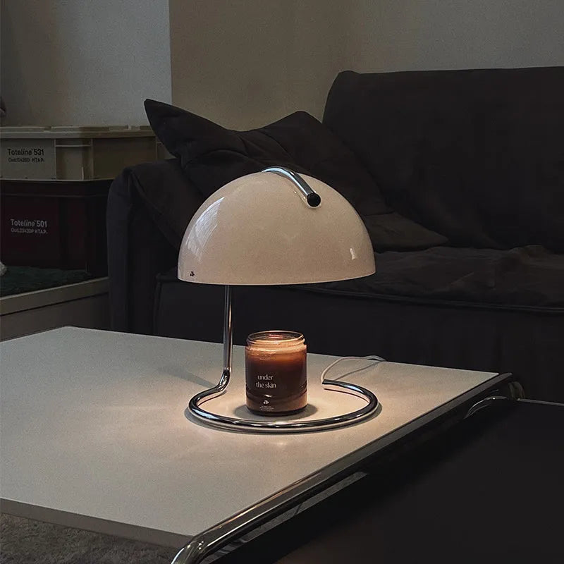 Bedroom bedside atmosphere lamp with metal holder and tan cloth shade