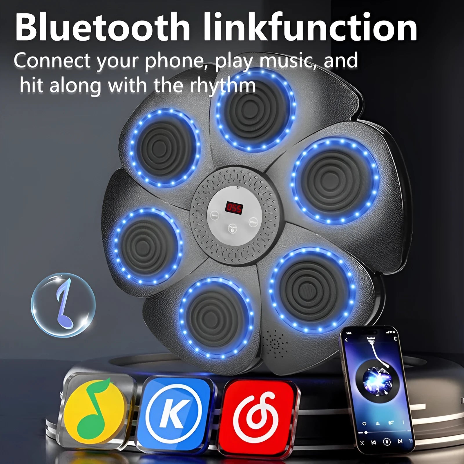Black smart boxing wall target with LED lights and Bluetooth connectivity for indoor training