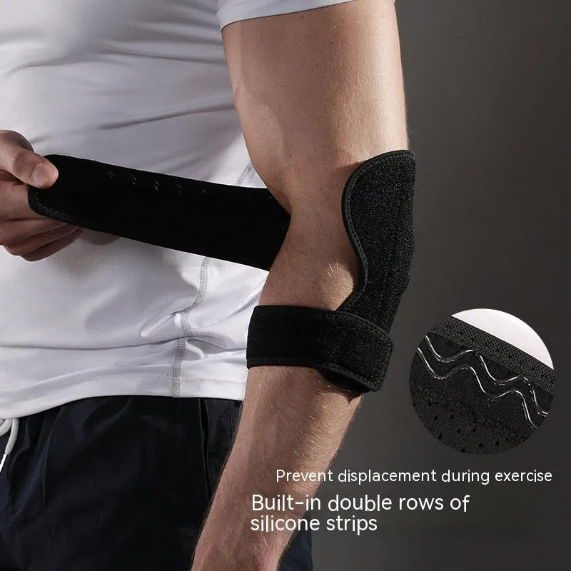 Black adjustable sports elbow guard shown on an arm for badminton, basketball, and outdoor training.