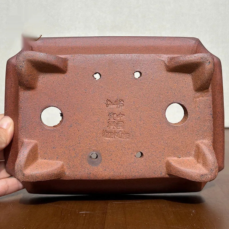 Light brown stoneware rectangular bonsai flowerpot, 17cm bottom diameter, high temperature fired