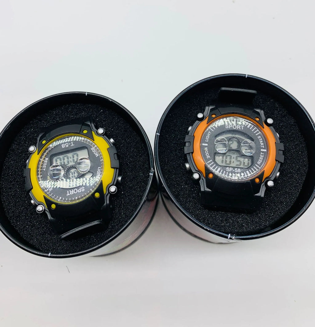 Children's digital sports watch with silicone strap, plastic case, and mixed colour display showing alarm and calendar functions