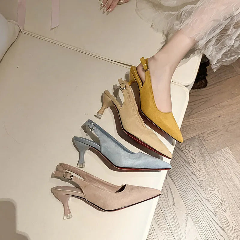 Women's apricot suede pointed-toe stiletto high heels on a light background.