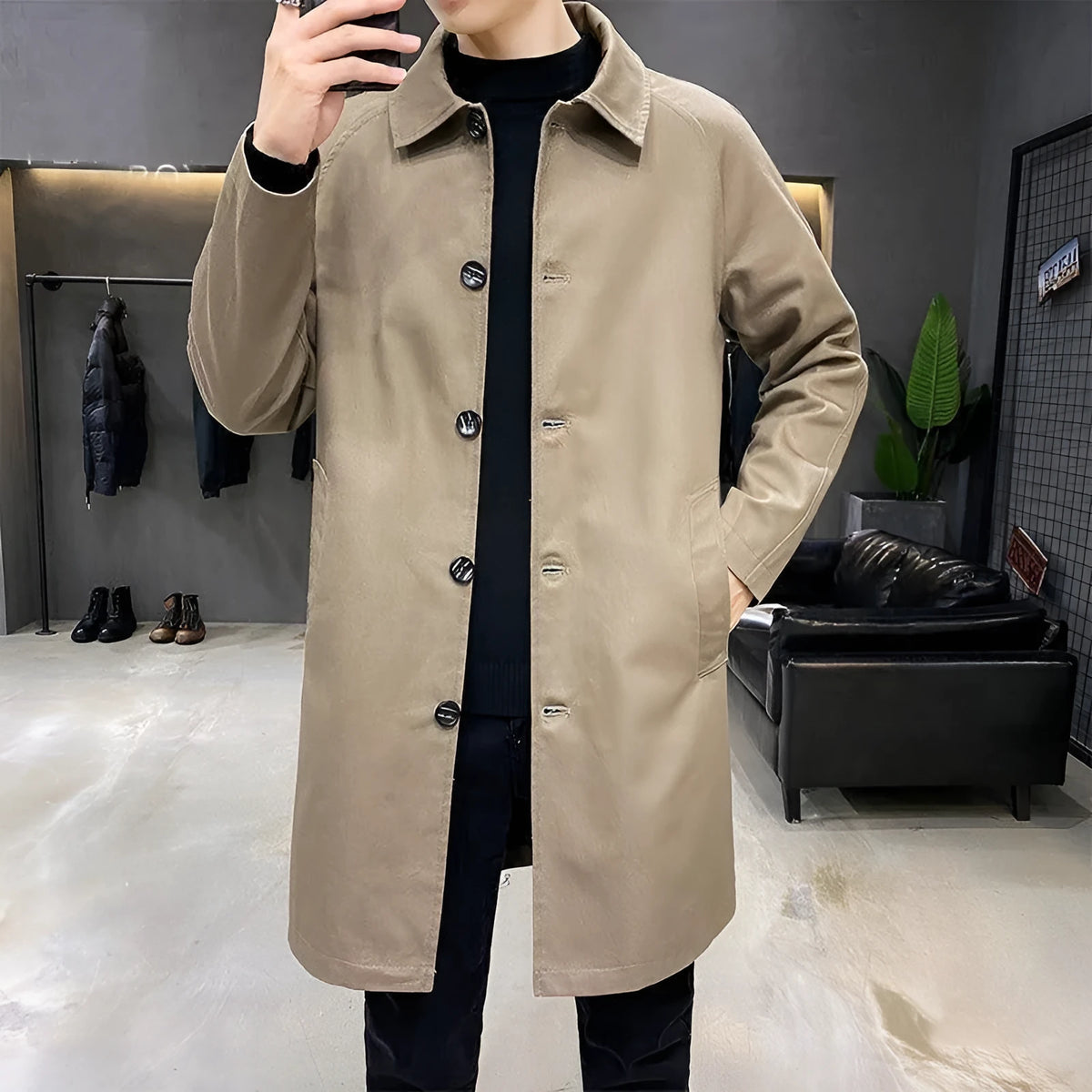 Men's thin rabbit fur trench coat in loose fit mid-length casual style