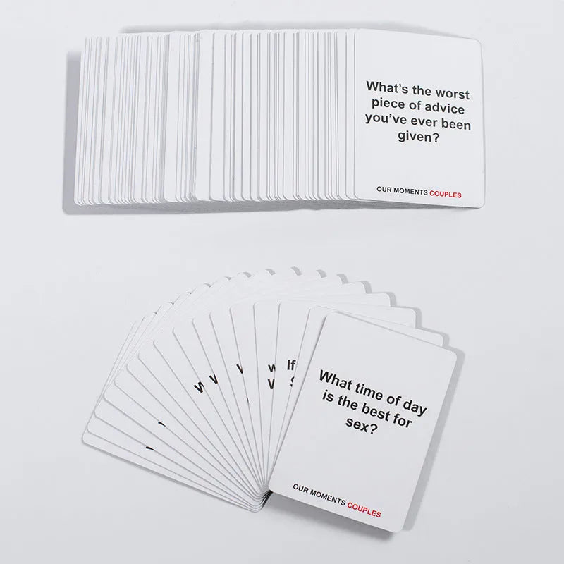 Black box of Our Time Lovers Edition English communication cards for couples on a table.