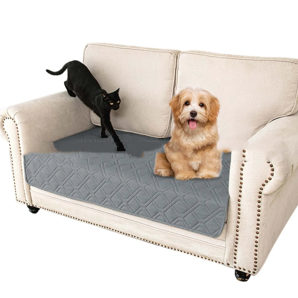 Reversible waterproof dog cushion on a sofa in dark grey and light grey contrast colours.