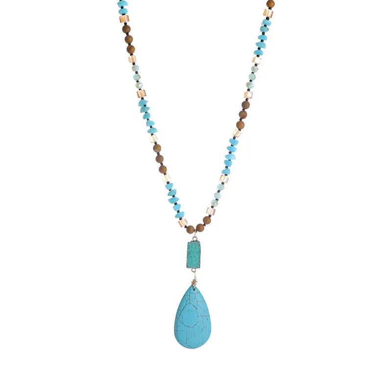 Turquoise blue water drop pendant necklace with mixed gem inlay on ball bead chain
