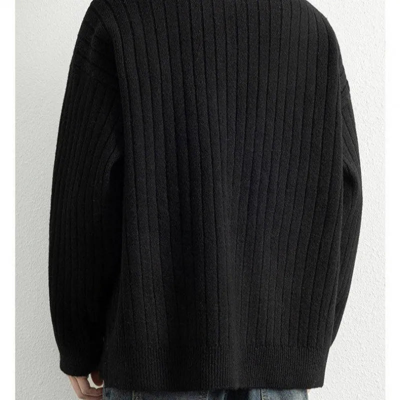 Men's grey half-zip knitted sweater with texture pattern and loose fit design
