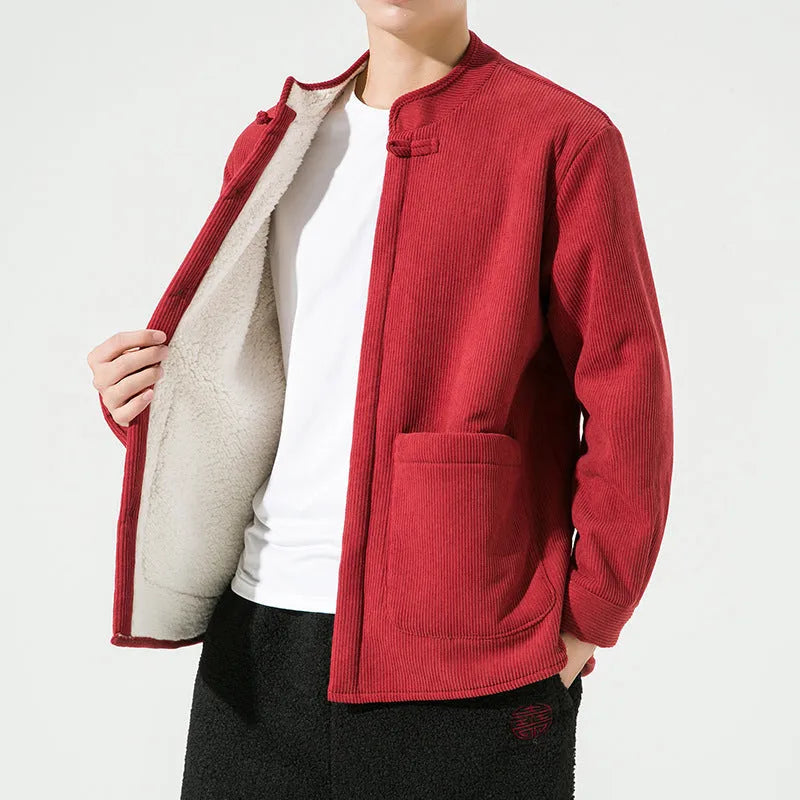 Men's hanfu stand collar buckle corduroy fleece jacket loose cardigan black wine red yellow
