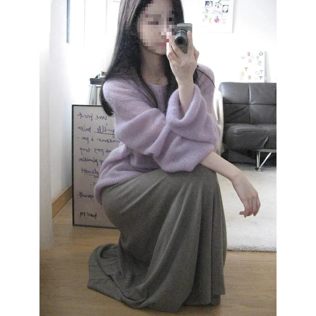 Purple women's ice silk sweater with hollow out design and princess sleeves