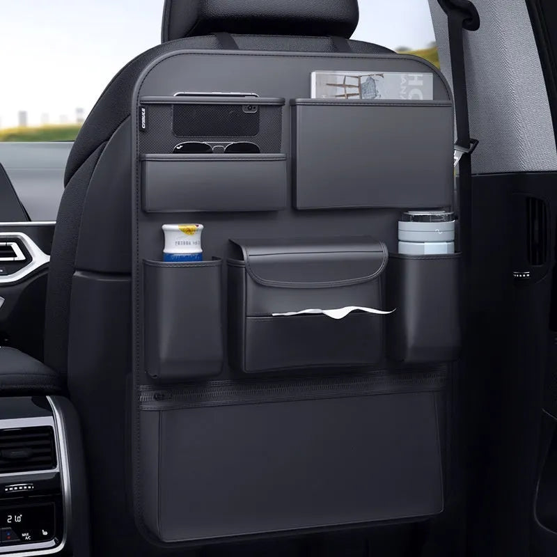 Black leather car seat back storage hanging bag with handle