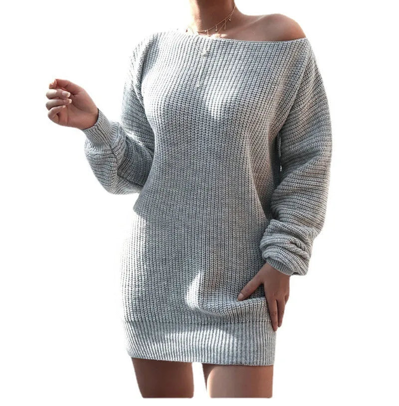 Women's off-the-shoulder knitted dress with lantern sleeves in a solid colour