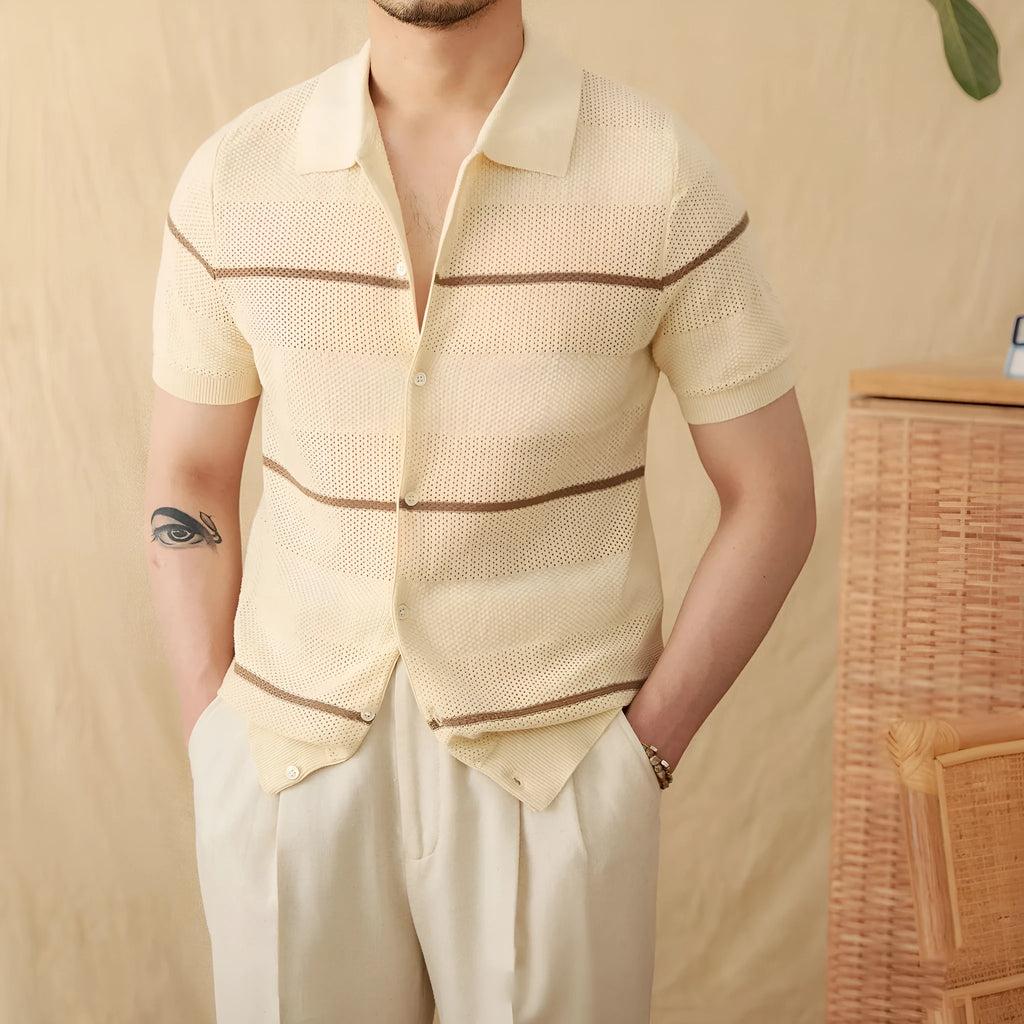 Men's camel coloured lapel cardigan with short sleeves made from cotton linen blend fabric