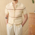 Men's camel coloured lapel cardigan with short sleeves made from cotton linen blend fabric