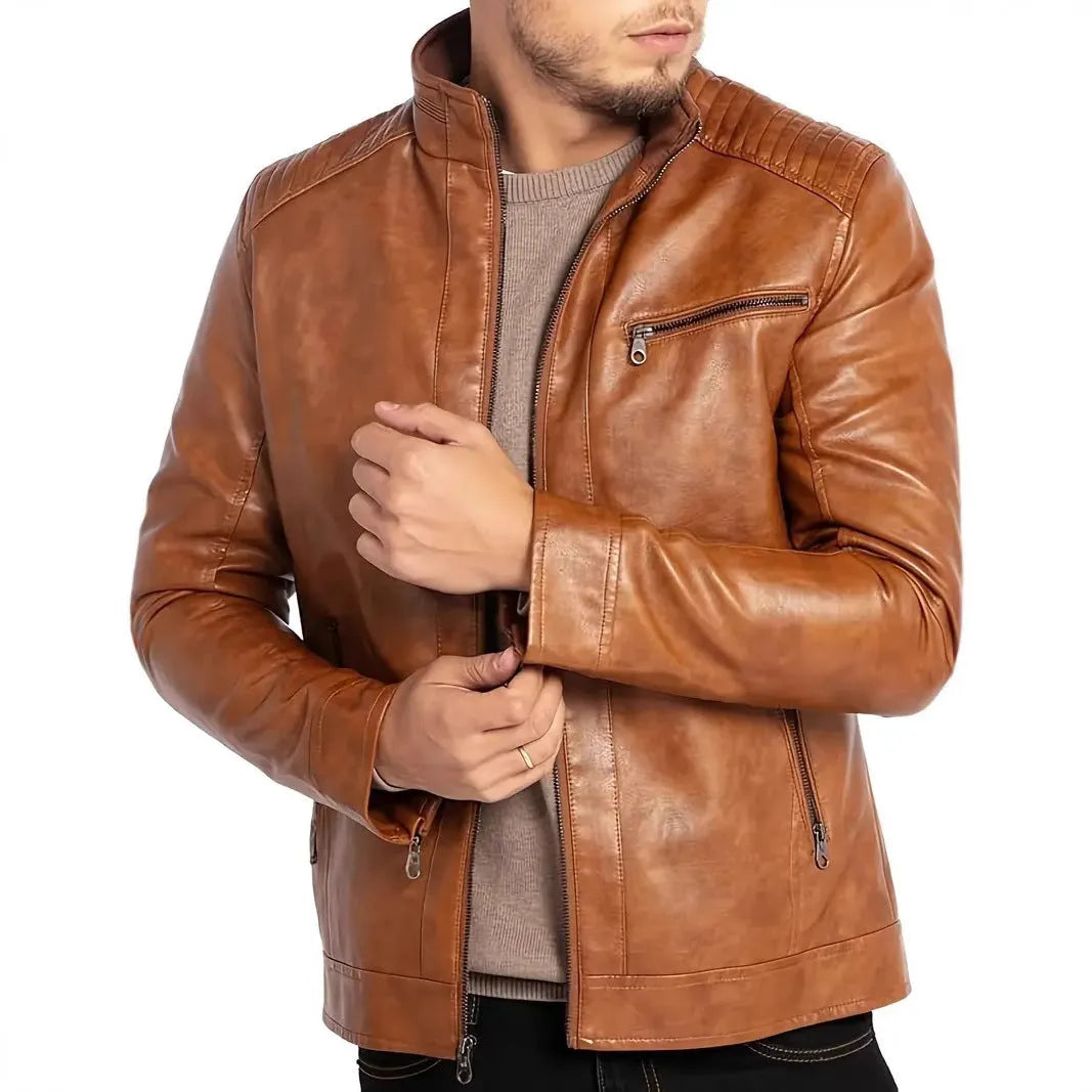 Men's brown artificial leather punk motorcycle jacket with stand collar and patch pockets on a hanger