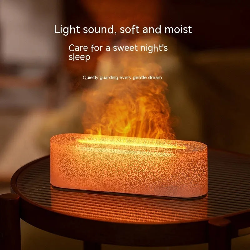 Square creative lava flame desktop humidifier and aroma diffuser in black or white colour on a desk.