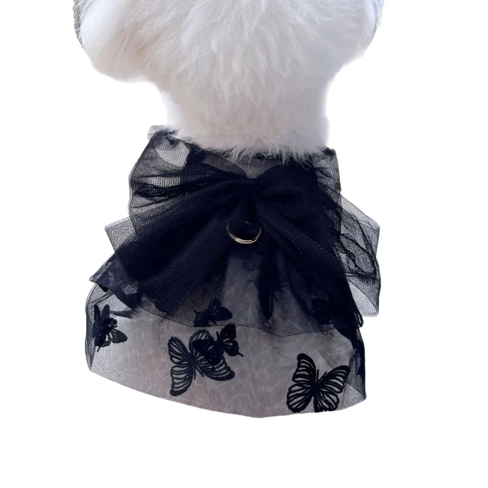 Black tulle princess skirt pet costume on small dog with size chart showing five available sizes