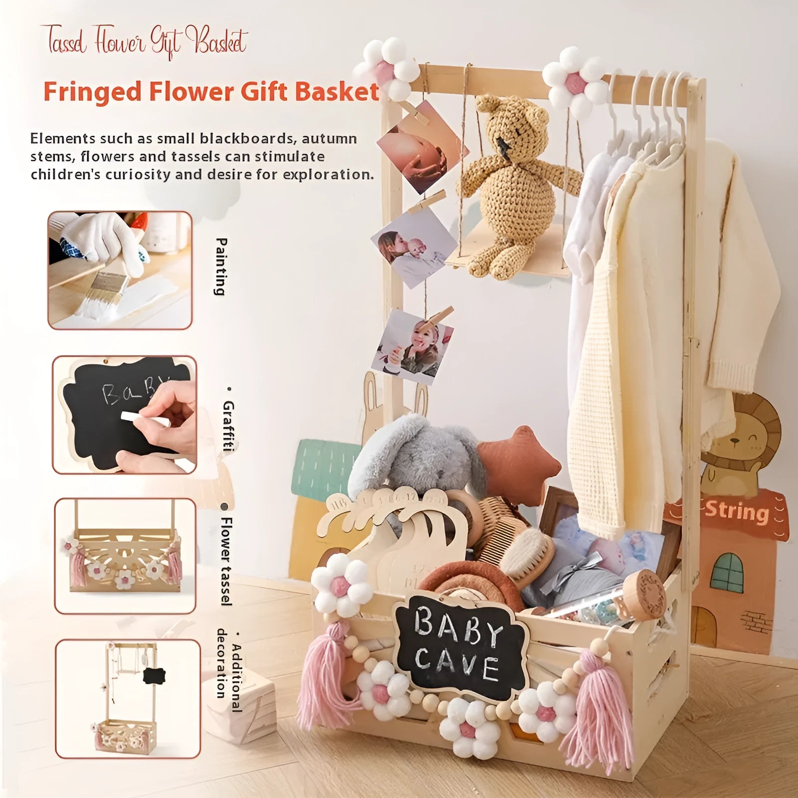 Children tassel flowers storage basket in pink flowers colour, density plate construction, modern simplicity style for clothing and toys