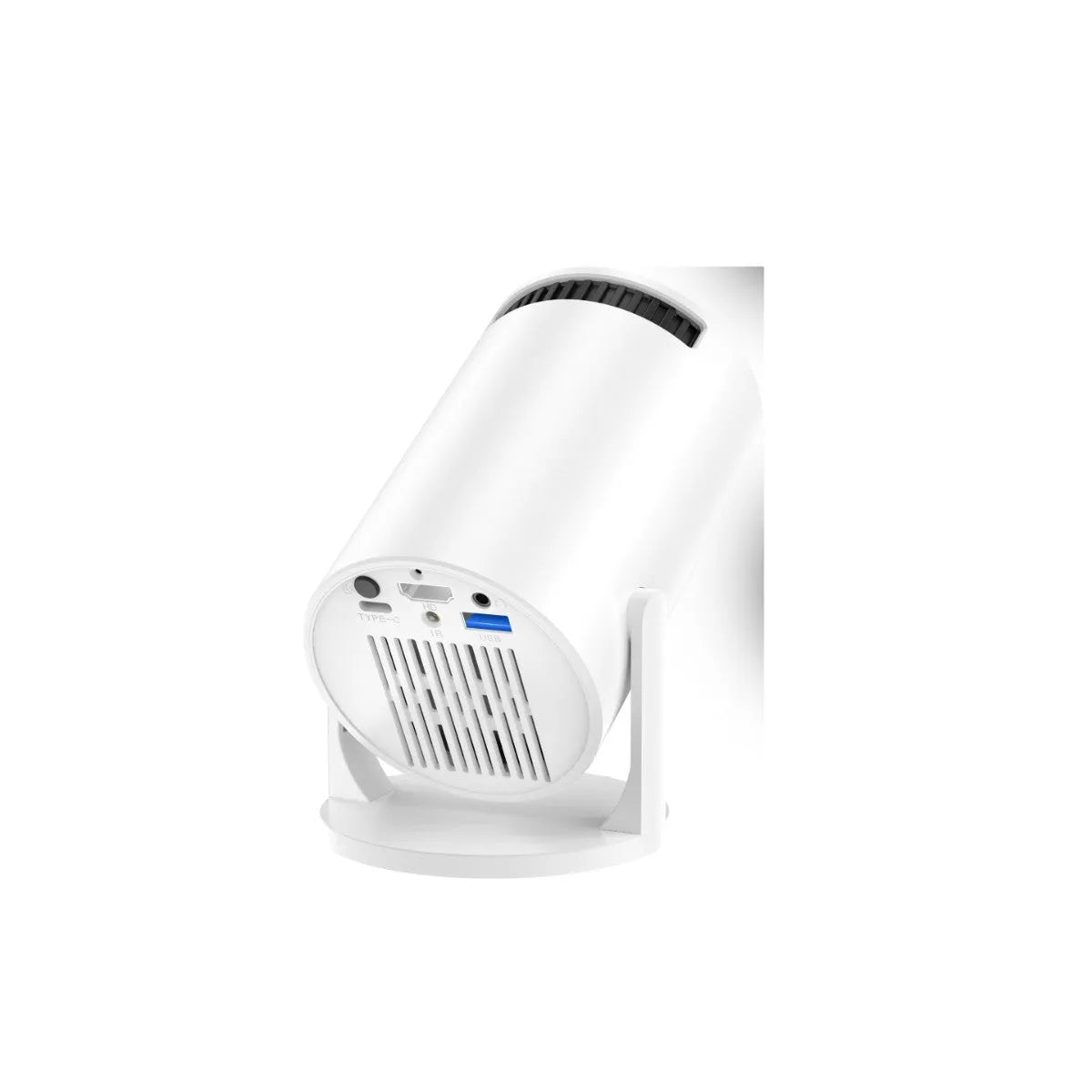 White MINI wireless portable projector showing 1080p HD resolution capability with UK power compatibility