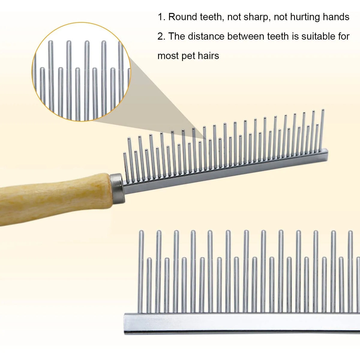 Wooden handle pet grooming comb for dogs and cats with rounded safety needles