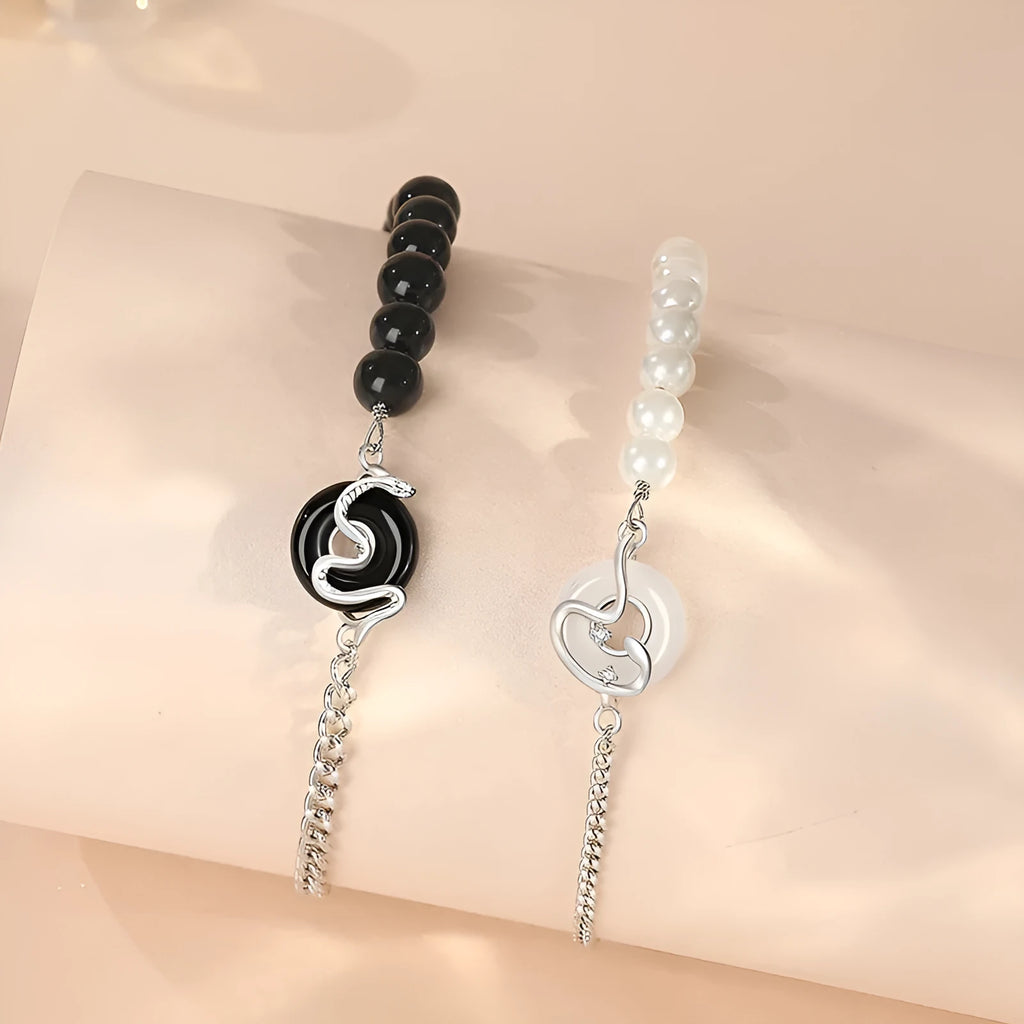925 sterling silver Chinese obsidian pearl bracelet with safe buckle closure showing animal zodiac snake design