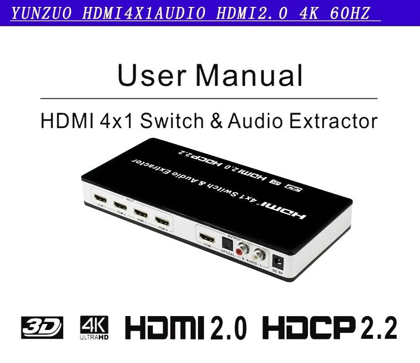 Black HDMI switch unit with four input and one output port, remote control, and power adapter.