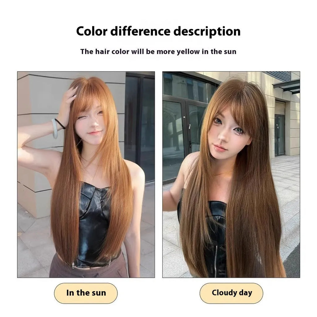Warm brown long straight synthetic wig with full fringe bangs made from high temperature fibre.