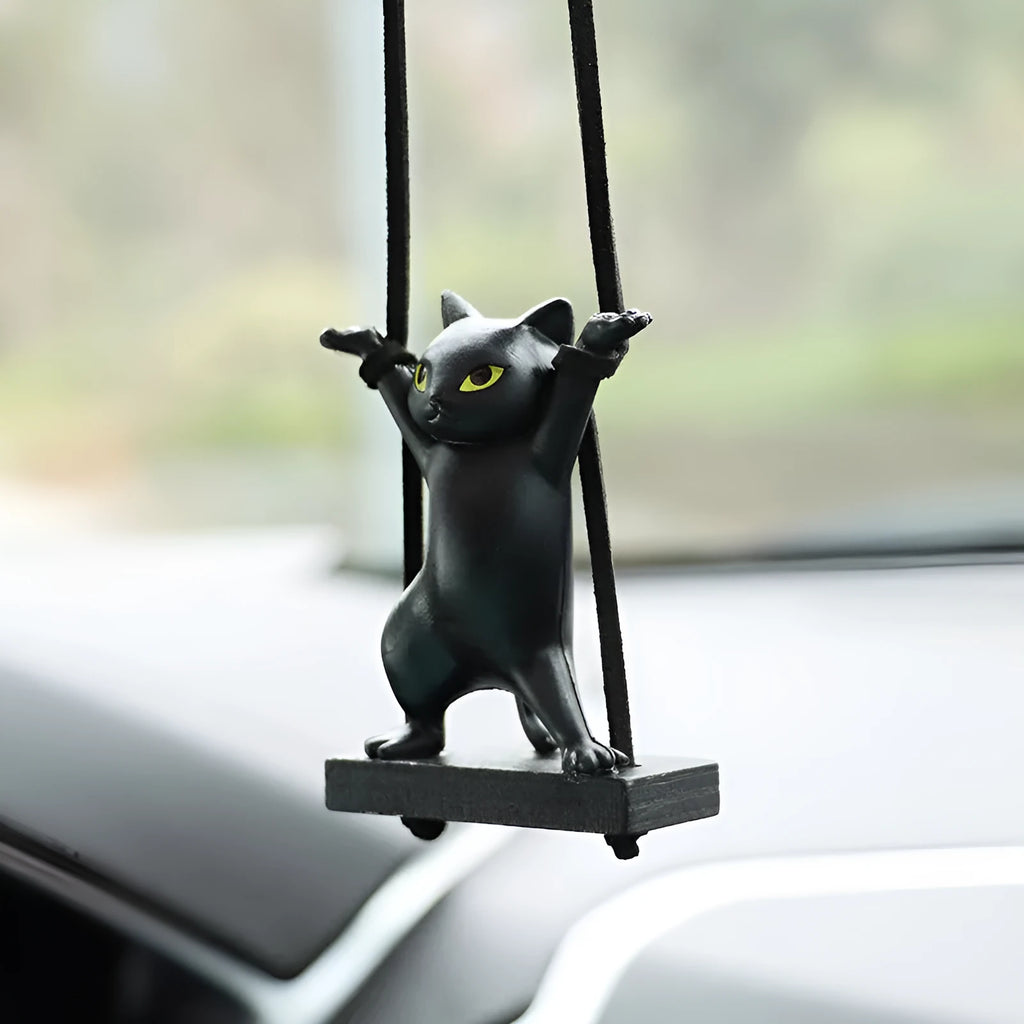 Cartoon-style resin cat pendant for car interior decoration with an adjustable rope, shown in black colour