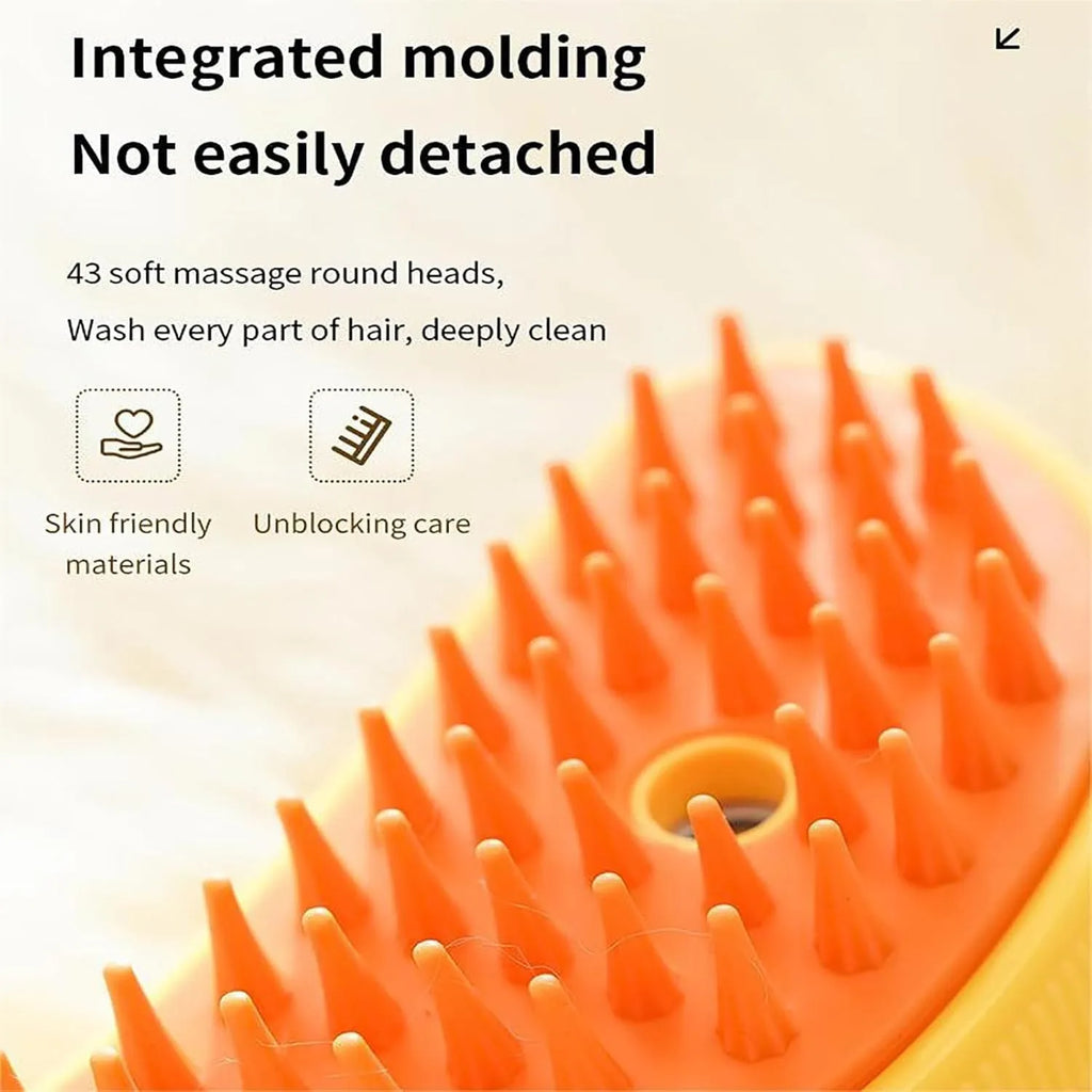 Green rechargeable cat steam brush with silicone teeth showing three grooming functions
