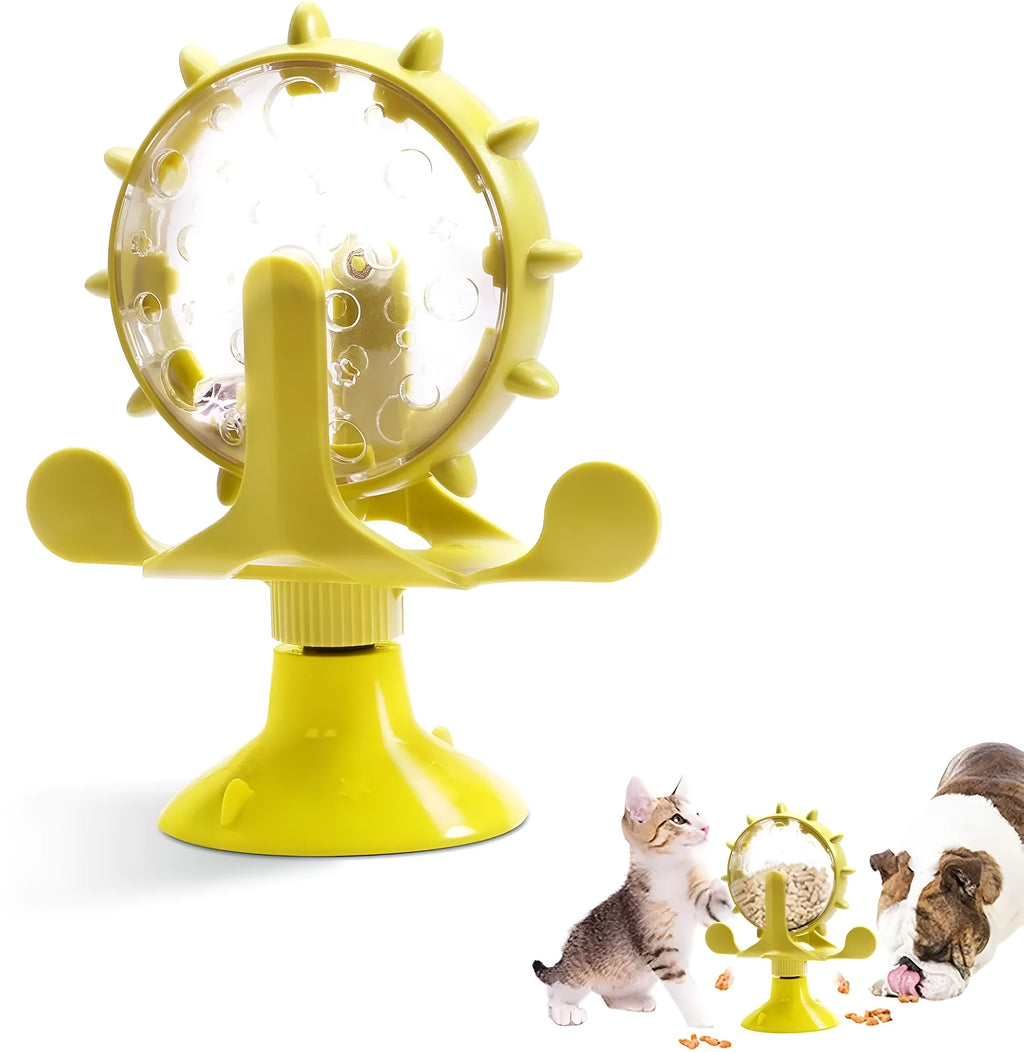 Interactive pet puzzle feeder toy with rotating spinner and sucker base in multiple colours