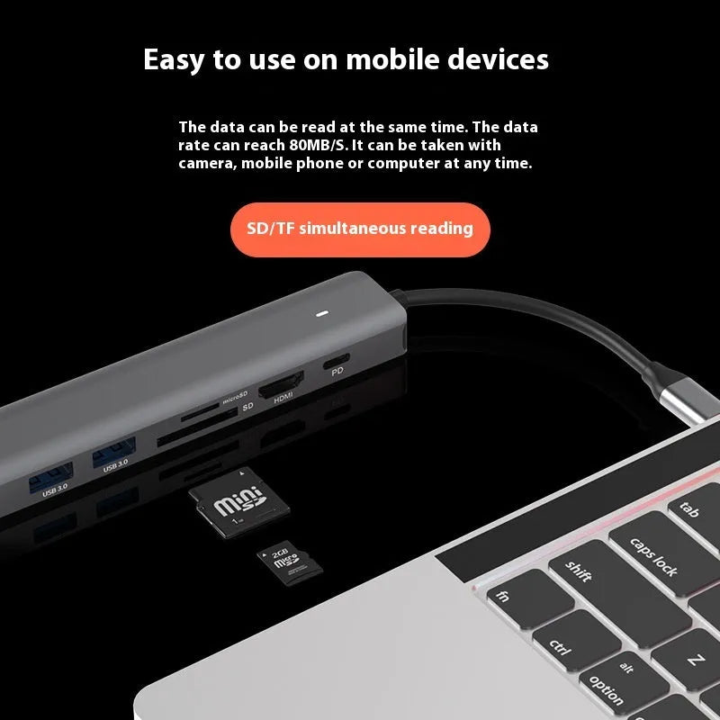 LQT-LH07 7-in-1 USB card reader hub with PD charging port for laptop connectivity expansion