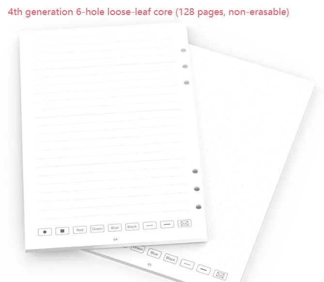Loose spiral notebook core with 64 pages and three refill types for six-hole binder replacement