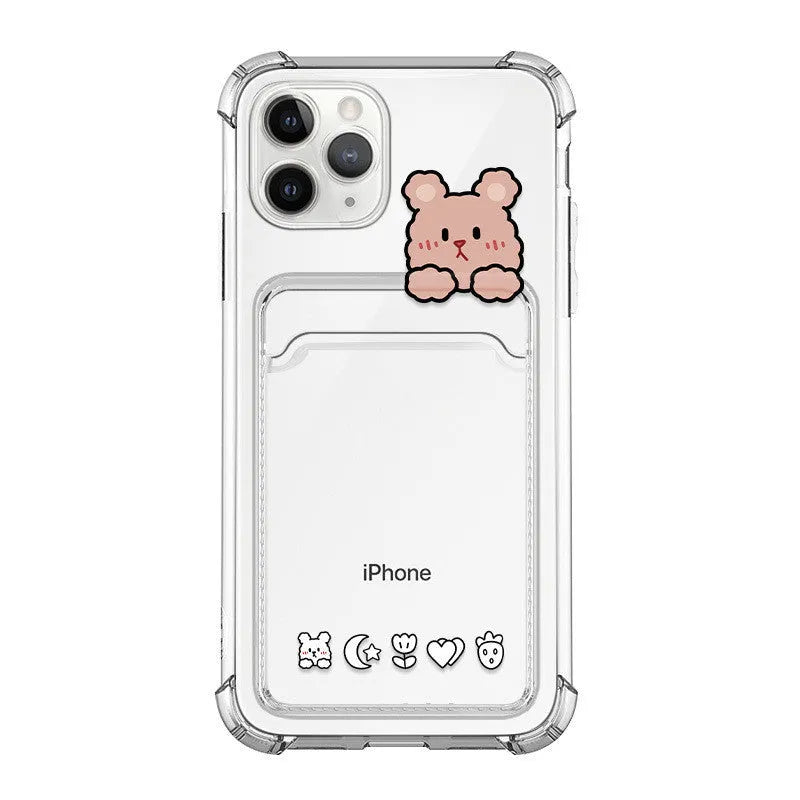 Transparent cartoon phone case with card holder pocket for iPhone models
