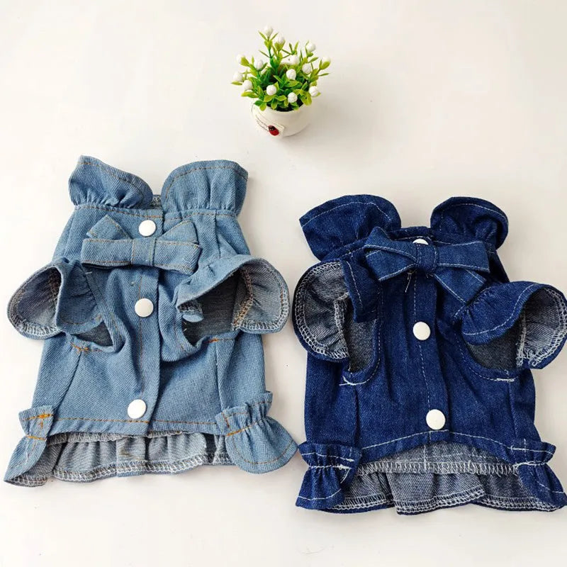 Blue denim dog dress with ruffles and back leash hook pet harness