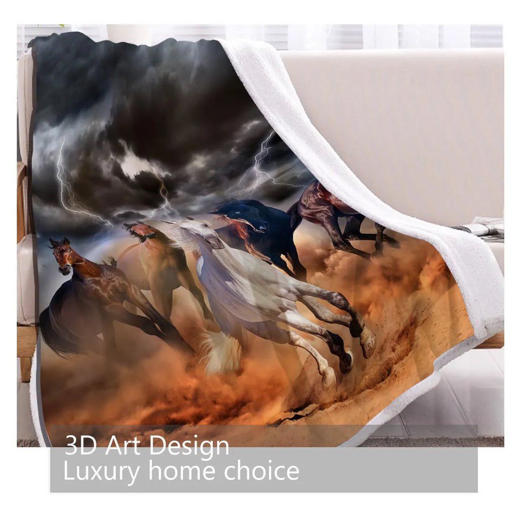 Horse themed lamb wool blanket in black, shown draped over a sofa, size 130x150cm