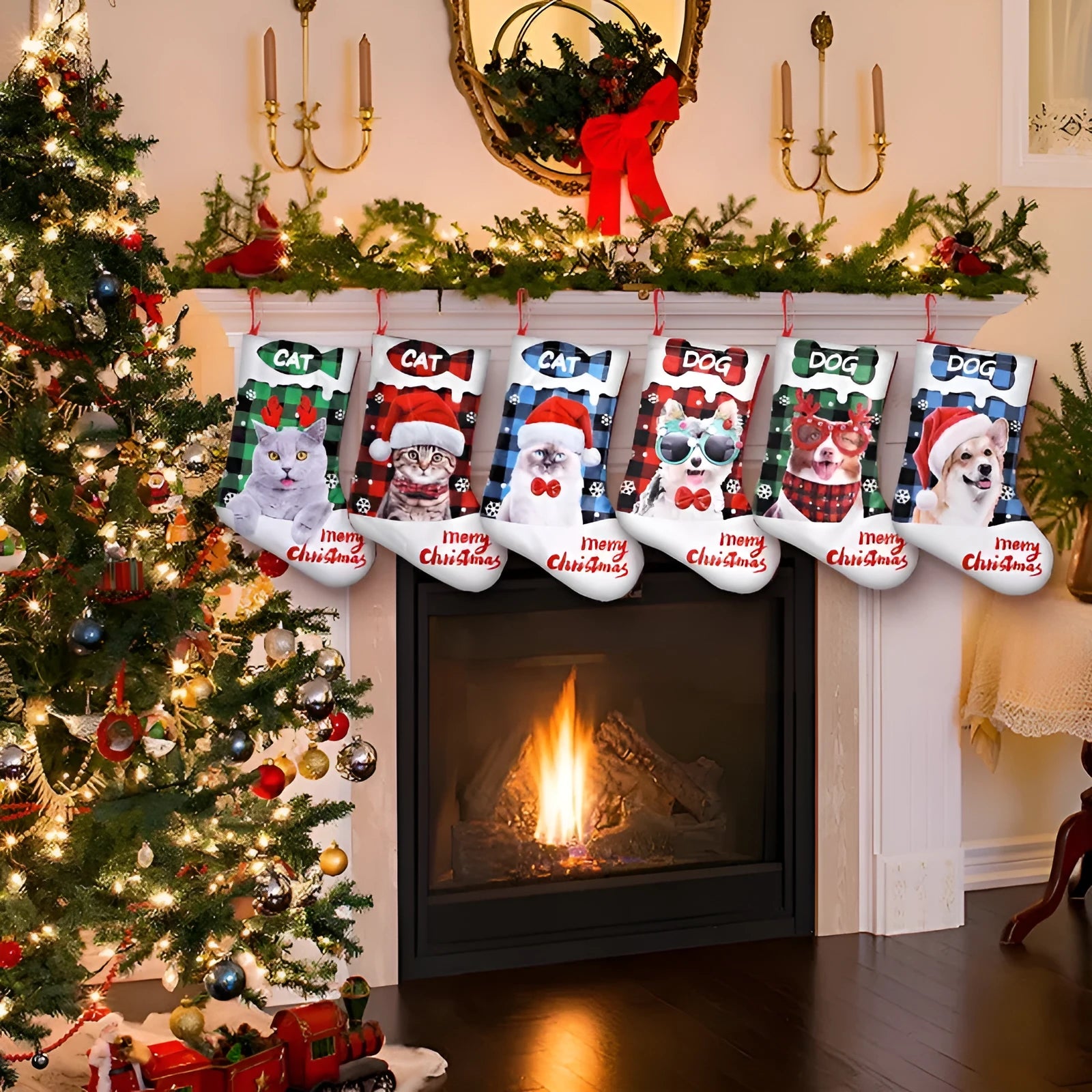 Printed cloth Christmas decoration featuring puppy and cat designs in plaid patterns, measuring 26x36cm