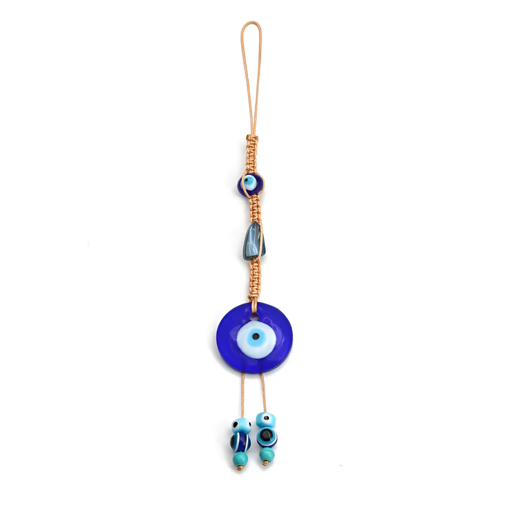 Glass evil eye bead ornament with Turkish blue eye pattern and braided string for wall or car hanging