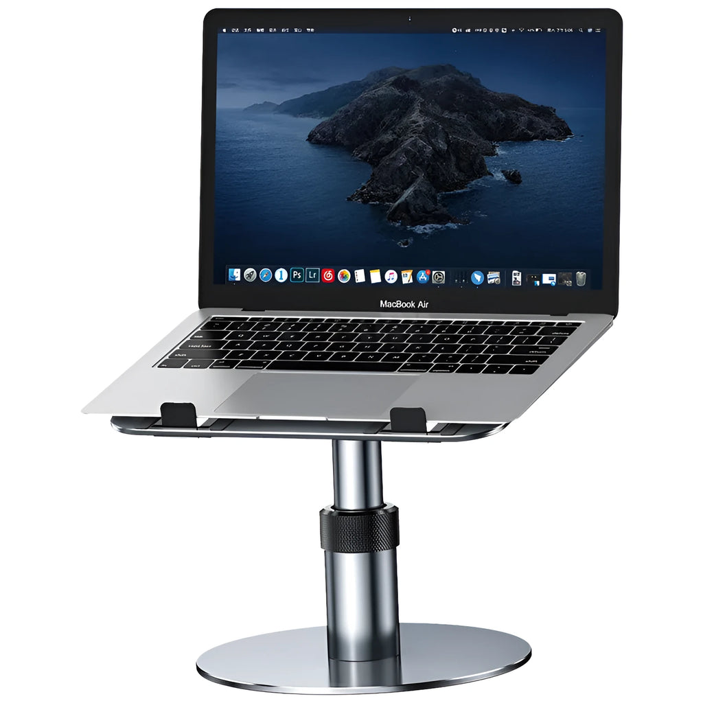 Adjustable silver aluminium car laptop stand with height settings and non-slip pads on a car seat.