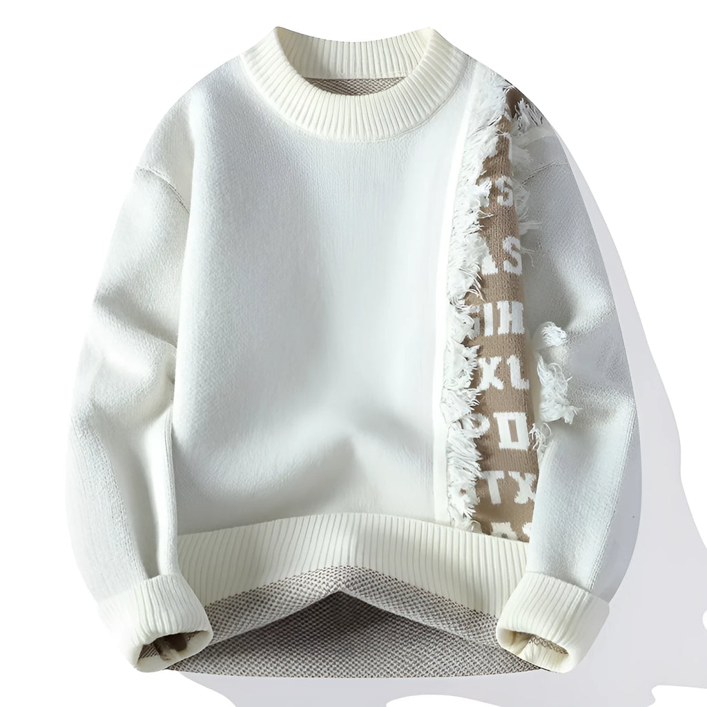 Men's loose-fit grey knitted pullover with a ribbed hemline, showing front view.