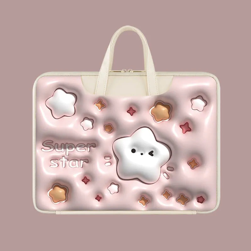 PU leather inflatable laptop bag with shoulder strap in Cat Beige colour, shown next to a laptop.