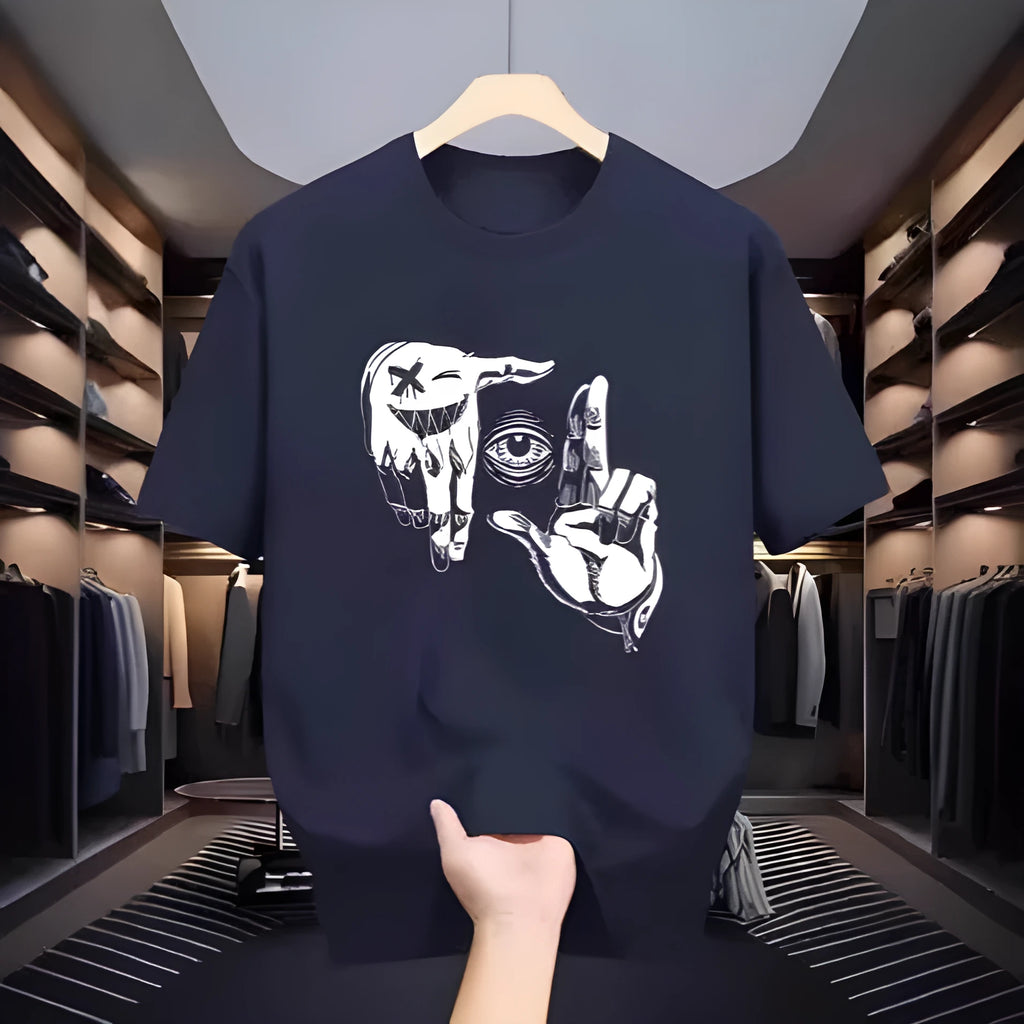 Men's cartoon print short sleeve T-shirt in bird eye cloth showing digital printed pattern detail