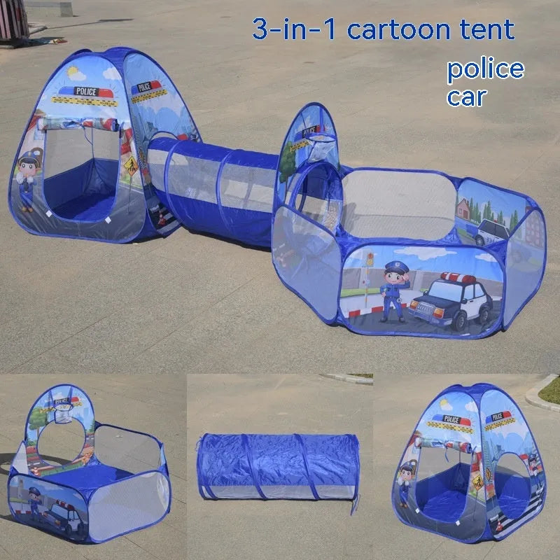 Children's three-in-one play tent set with ball pool and crawl tunnel in marine cartoon design