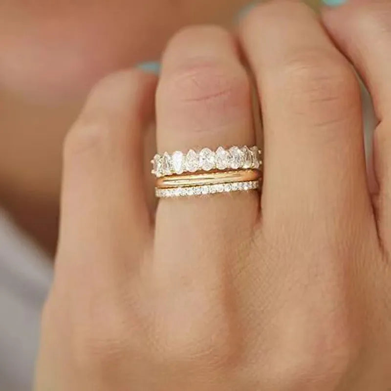 Geometric copper ring three-piece set with zircon inlay white gold colour on display